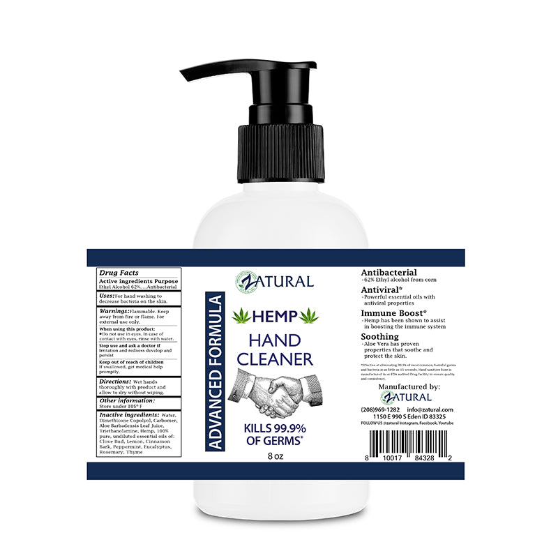 Zatural Hemp Hand Sanitizer 8oz Front of the Bottle