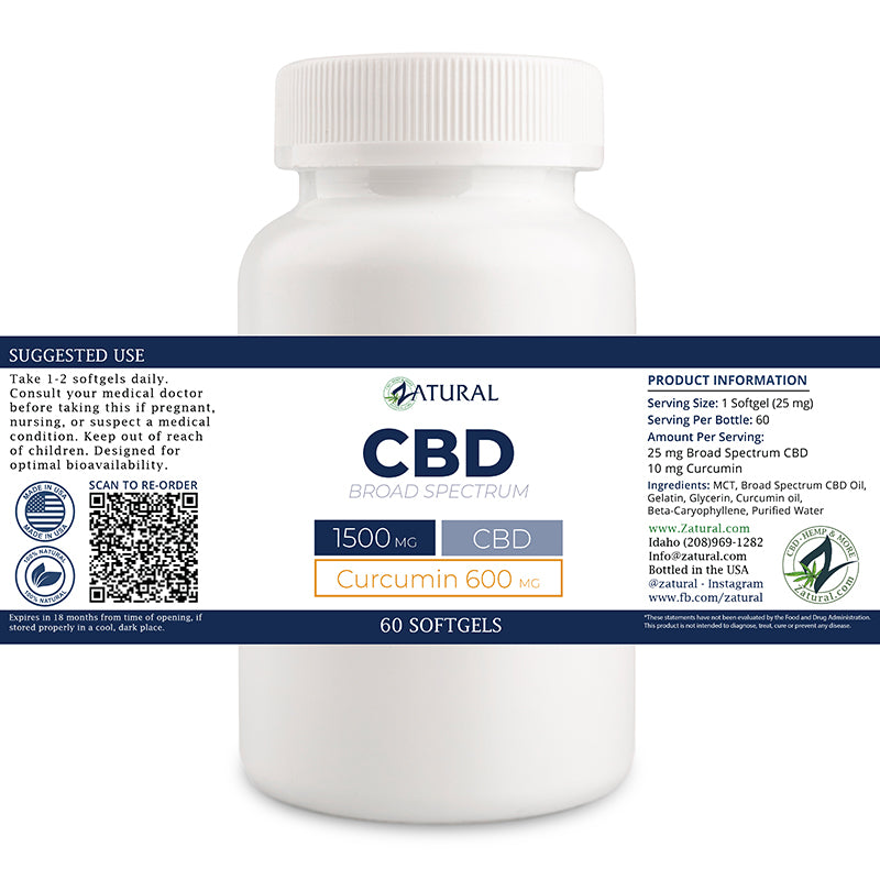 Broad Spectrum CBD Softgels with Curcumin 60 Softgels label