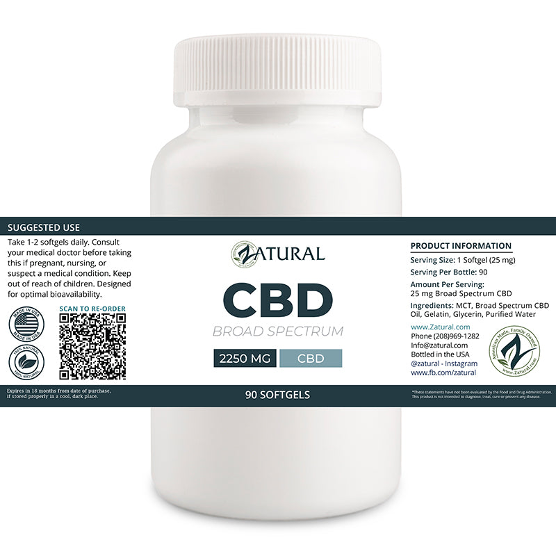 Zatural Broad Spectrum CBD softgels 2250 mg label