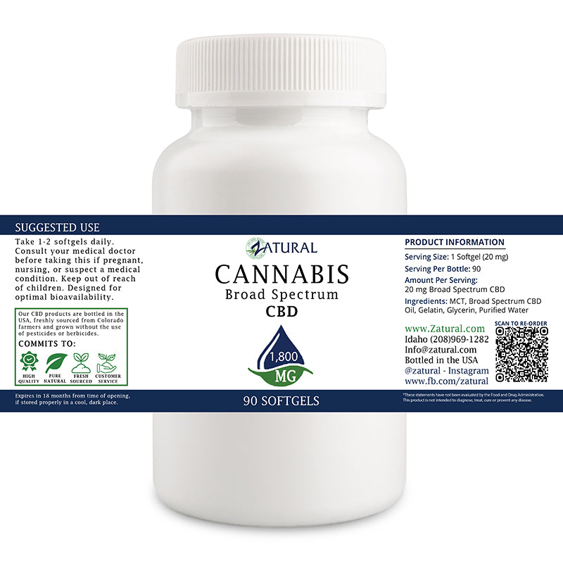 Zatural Broad Spectrum CBD softgels 90 count 1800 mg label