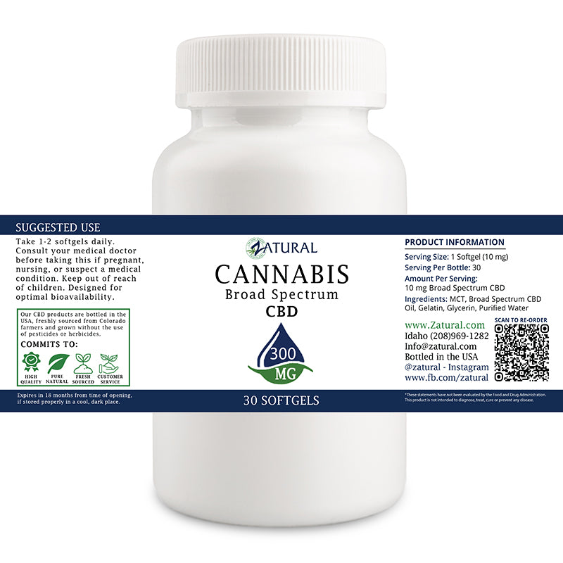 Zatural Broad Spectrum CBD softgels 30 count 300 mg label