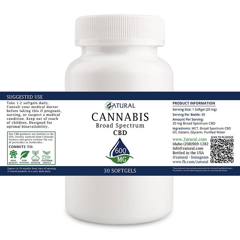 Zatural Broad Spectrum CBD softgels 30 count 600 mg label