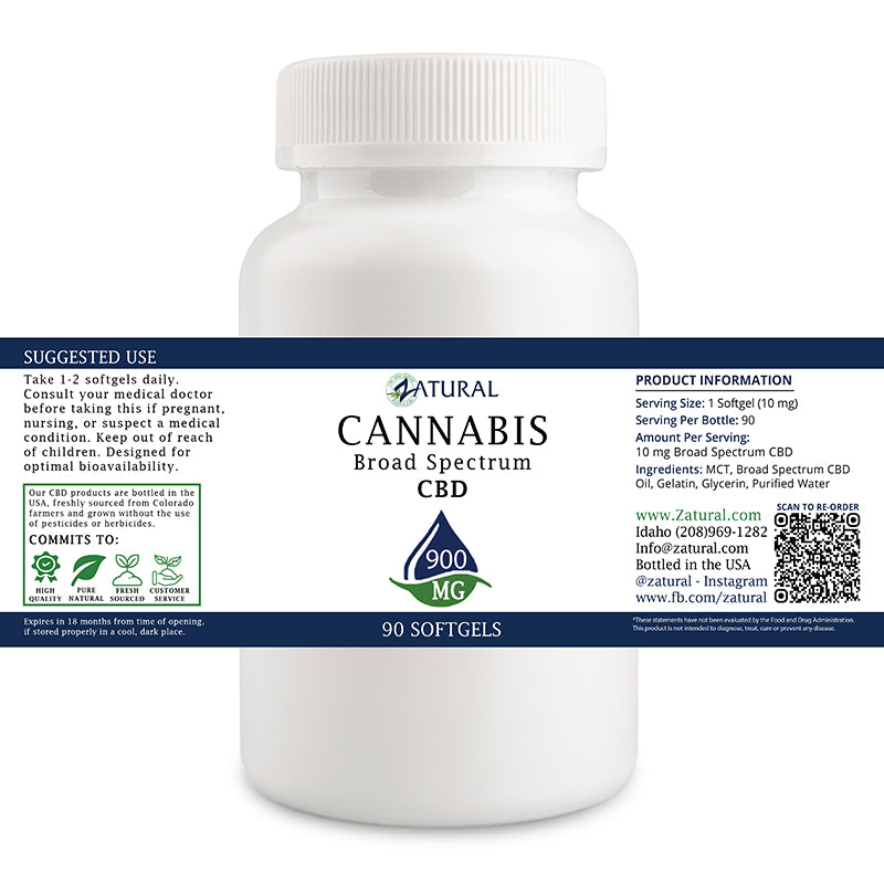 Zatural Broad Spectrum CBD softgels 90 count 900 mg label