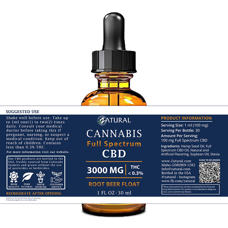 Zatural Full Spectrum Root Beer Float CBD Oil 3000mg 1oz