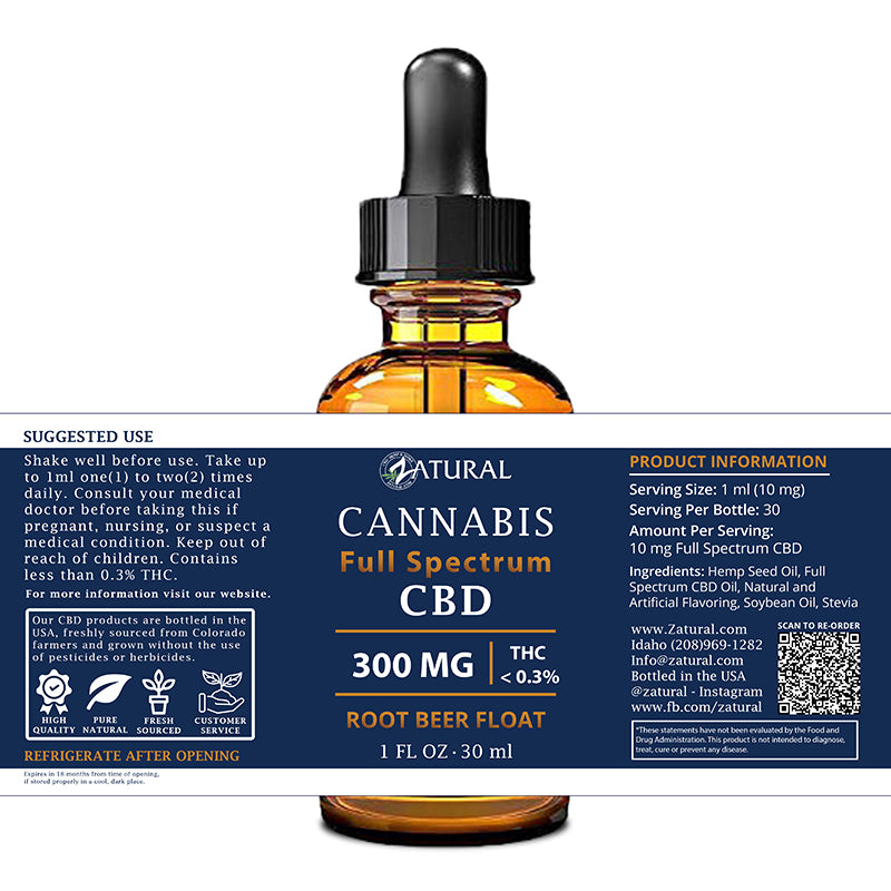 Zatural Full Spectrum Root Beer Float CBD Oil 300mg 1oz label