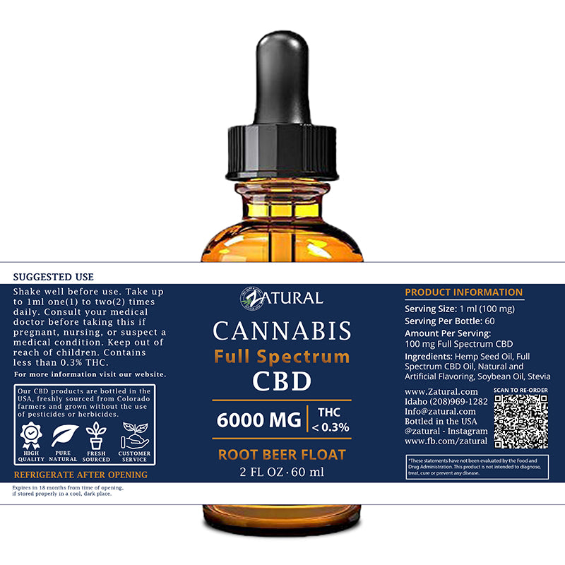 Zatural Full Spectrum Root Beer Float CBD Oil 6000mg 2oz label