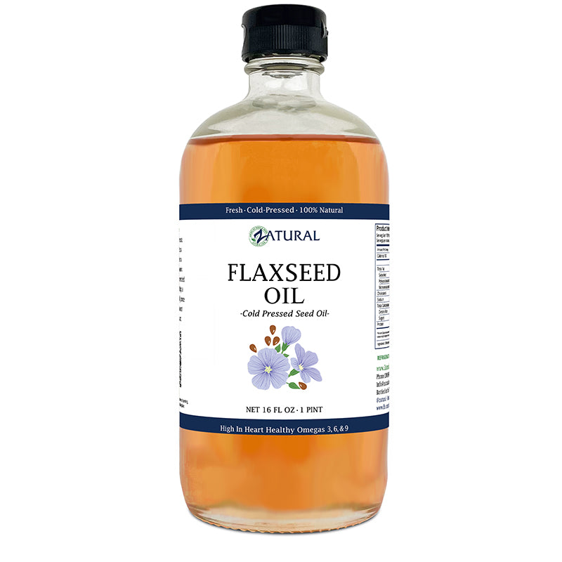 Bottle of flaxseed oil with a label on a white background