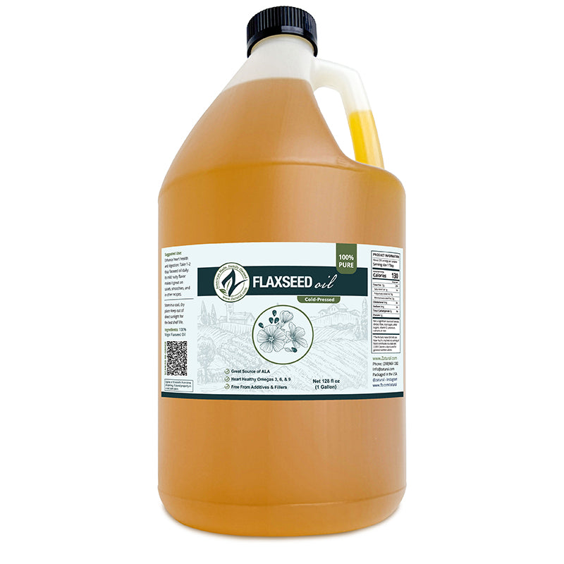 Gallon jug of flaxseed oil with a label on a white background