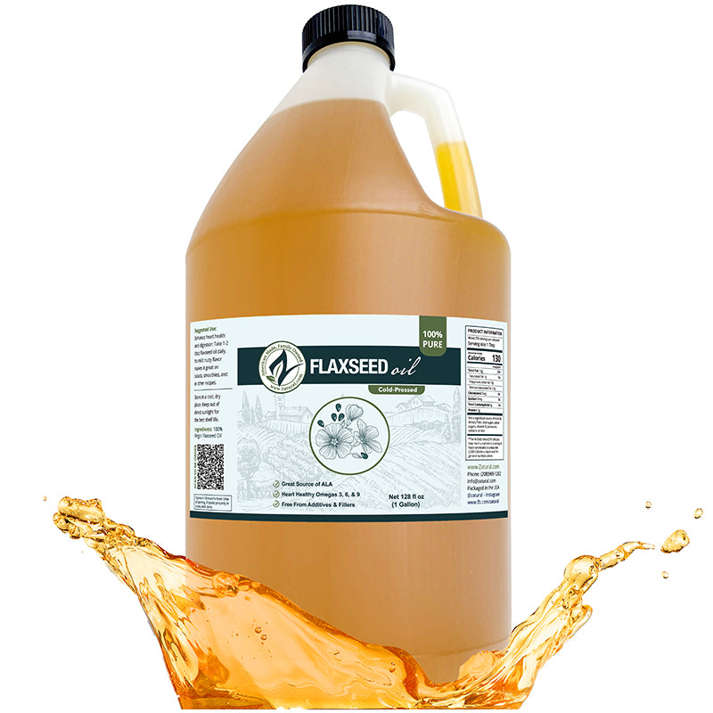 Bottle of flaxseed oil with a label on a white background