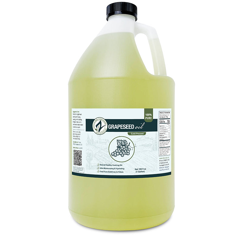 Gallon jug of grapeseed oil with a label on a white background