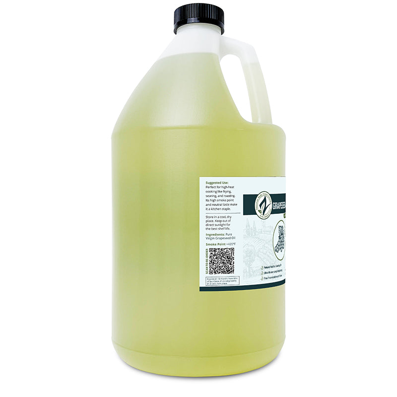 Grapeseed oil gallon jug left side of the label