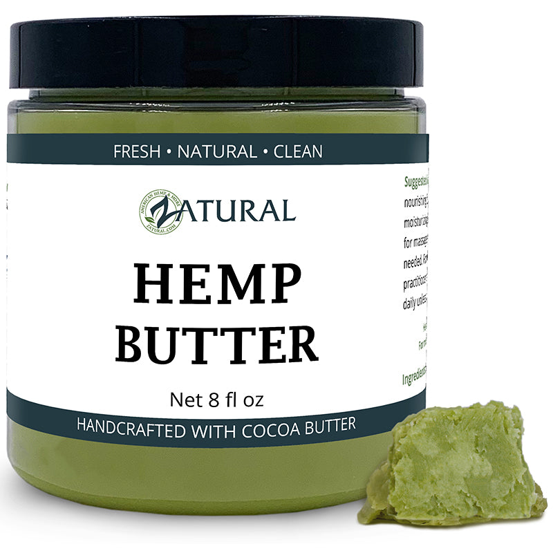 Jar of hemp butter with a label indicating it is natural and handcrafted with cocoa butter.