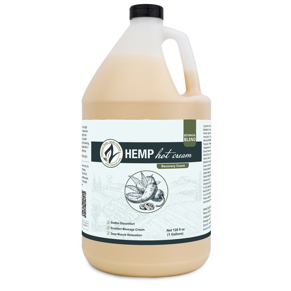 Zatural Hemp Hot Cream 1 Gallon bottle, front side of label