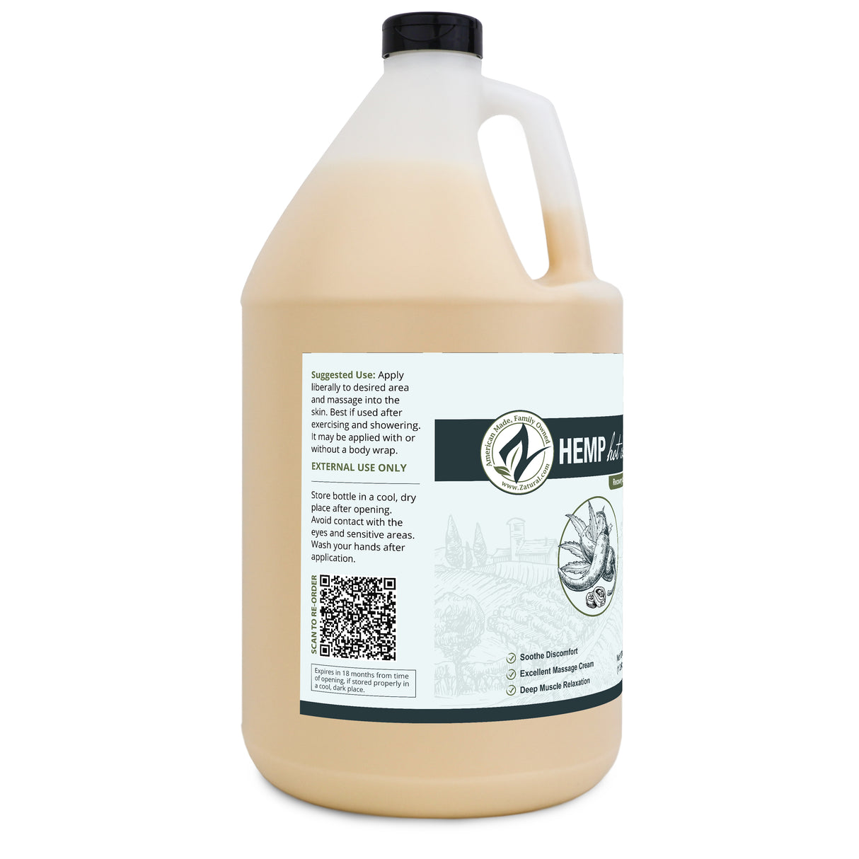 Zatural Hemp Hot Cream 1 Gallon bottle, left side of label