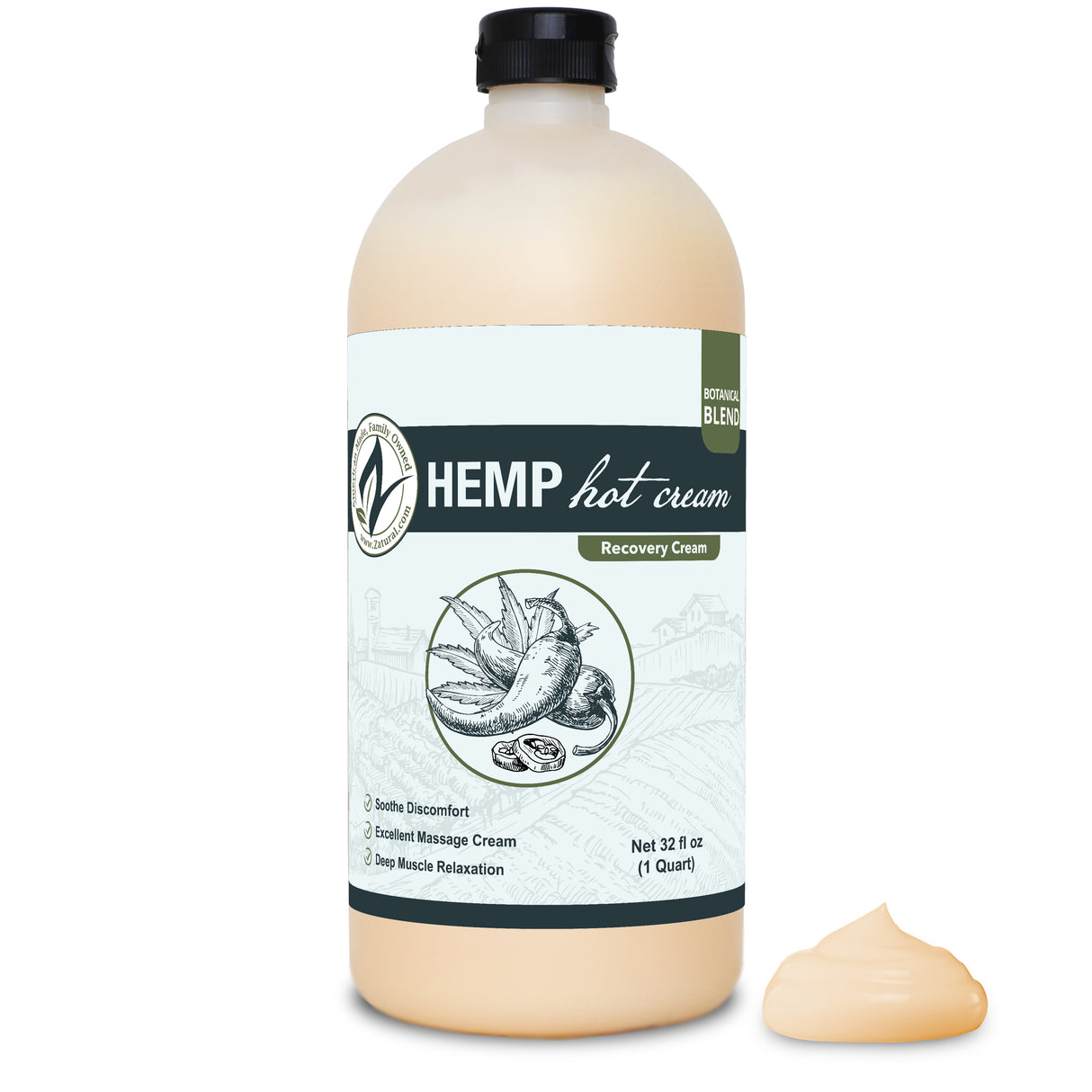 Zatural Hemp Hot Cream 32oz bottle, swirl