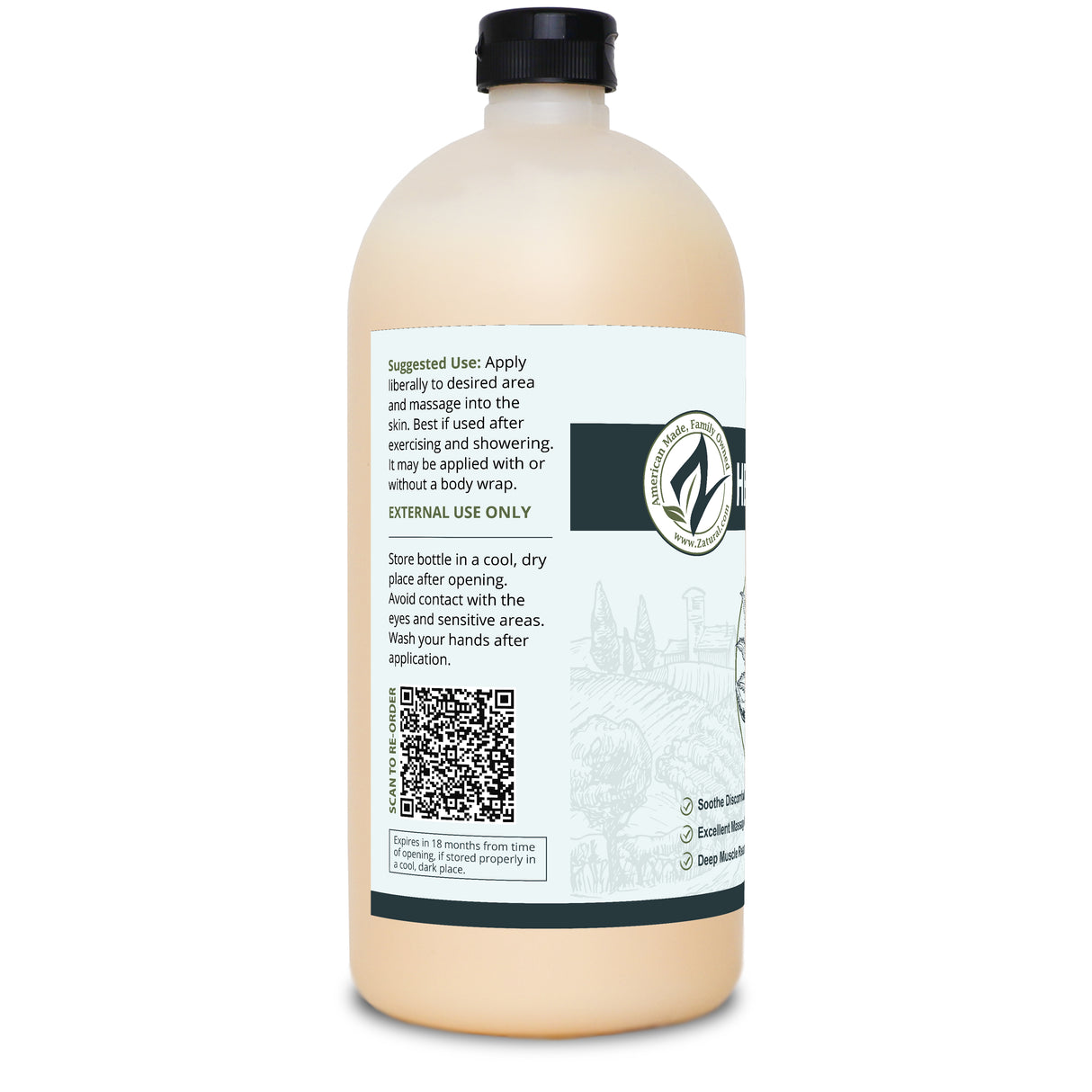 Zatural Hemp Hot Cream 32oz bottle, left side of label