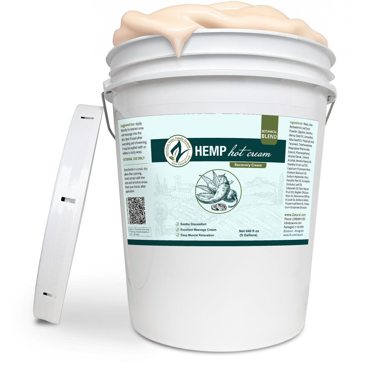 Zatural Hemp Hot Cream 5 Gallon bottle, cream flowing out