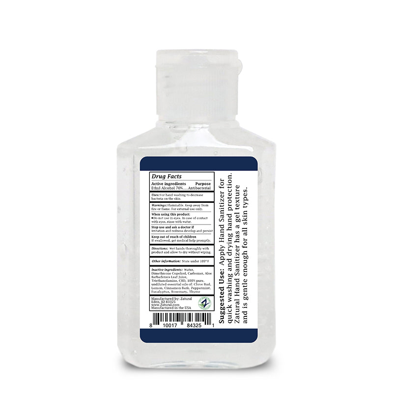 Zatural Hemp Hand Sanitizer 2oz back of the Bottle