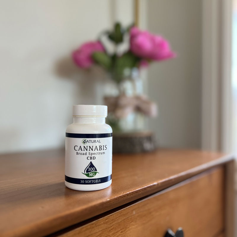 Zatural Broad Spectrum CBD Softgels on a dressor