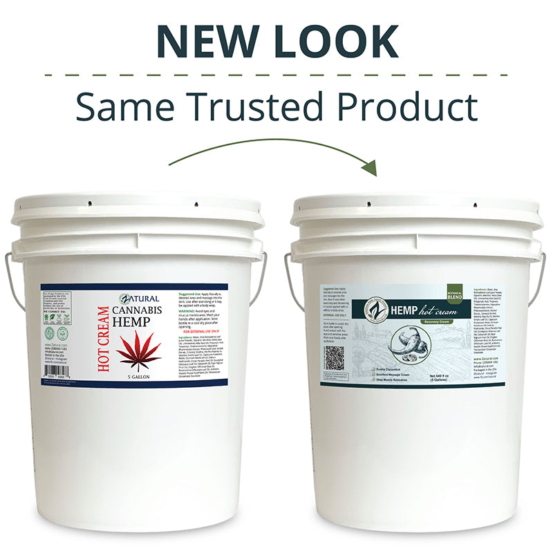 Two white buckets with hemp-related labels on a white background, featuring text 'NEW LOOK Same Trusted Product'.