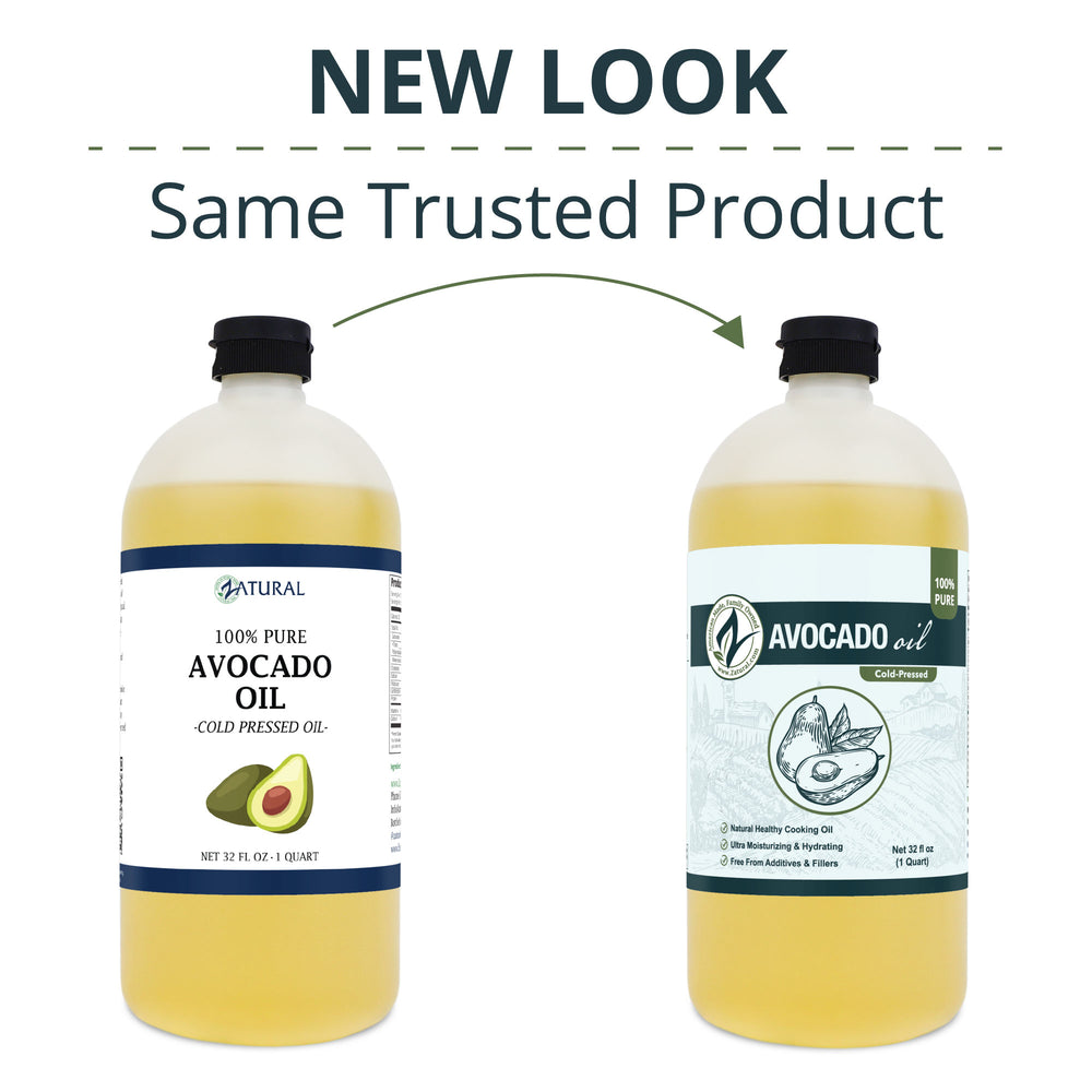Two bottles of avocado oil with new and old labels on a white background.