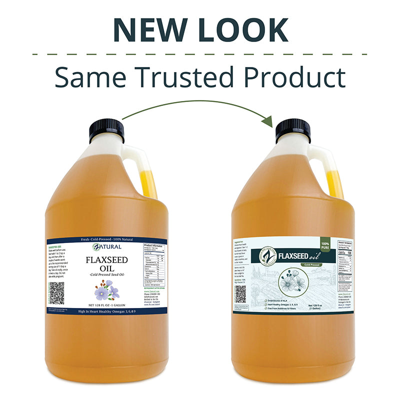 Two bottles of flaxseed oil with a label, showing a 'New Look' text above them.