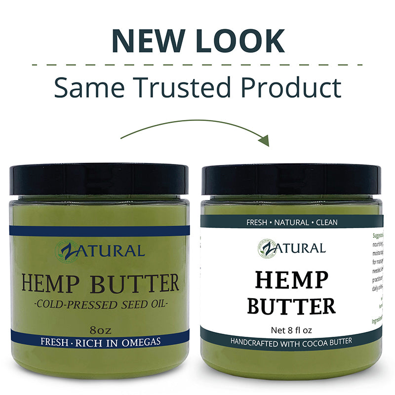 Two jars of Natural Hemp Butter with new and old labels on a white background.