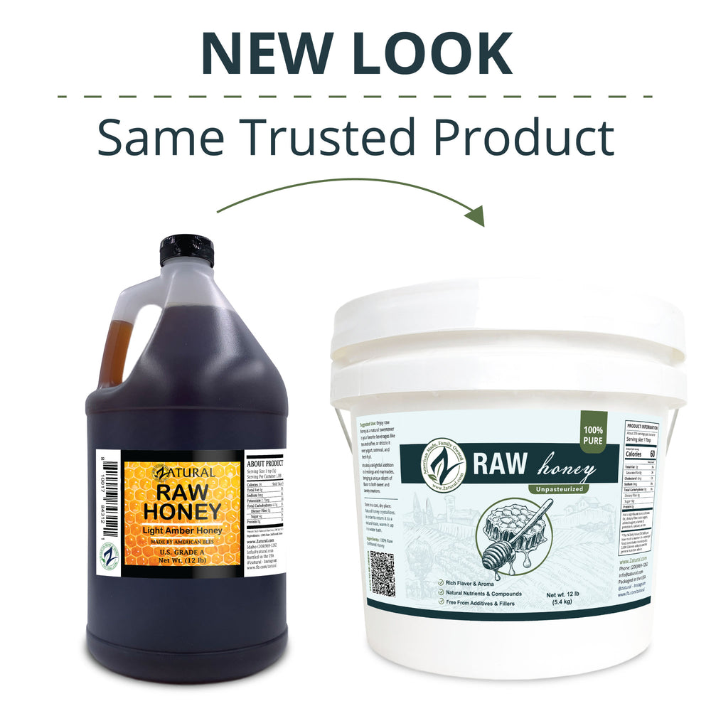 Two containers of raw honey, one gallon jug and one bucket, with labels indicating 'New Look' and 'Same Trusted Product'.
