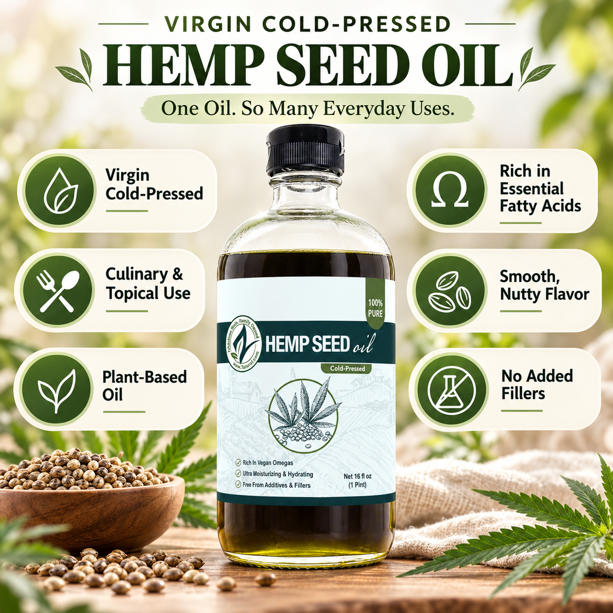 Hemp Seed Oil Virgin Cold-Pressed | Culinary & Topical