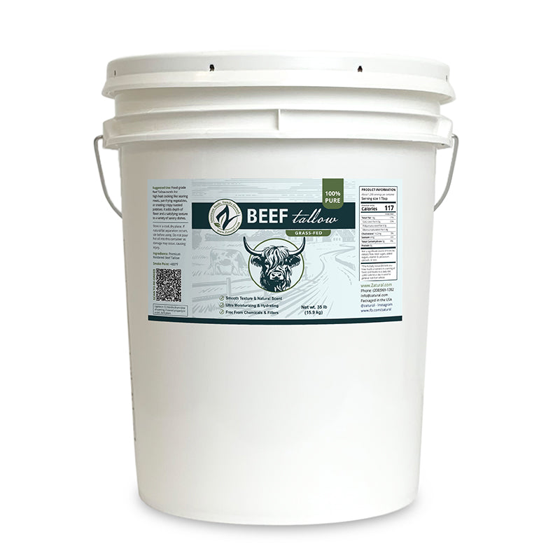 White bucket labeled 'Beef Tallow' on a white background
