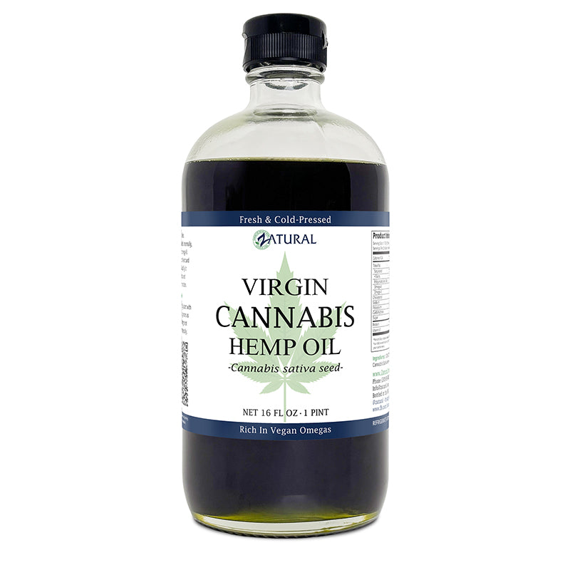 Bottle of Virgin Cannabis Hemp Oil with a label on a white background