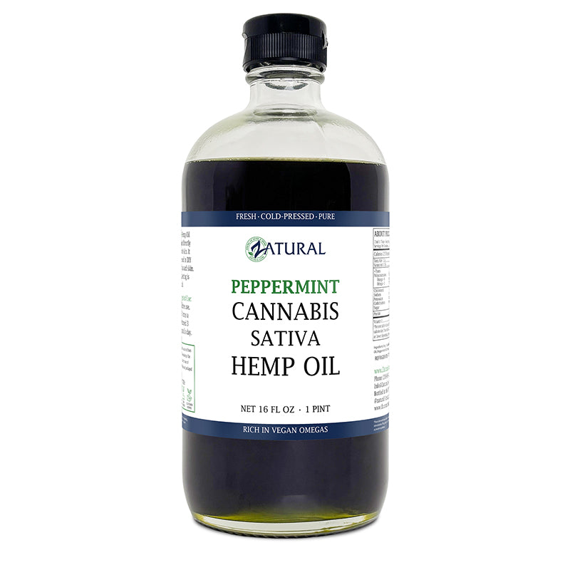 Bottle of peppermint cannabis sativa hemp oil with a label on a white background