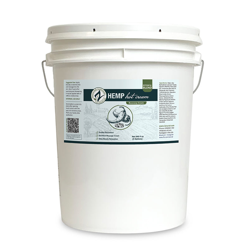 White bucket labeled 'Hemp Hot Cream' on a white background