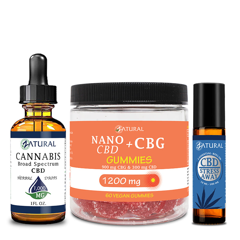 Zatural CBD Stress Bundle of CBD Oil 1000mg, CBG Gummies 1200mg, and CBD Stress Away