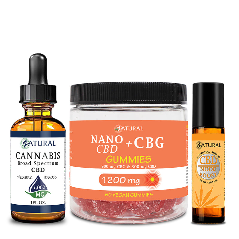 Zatural CBD Stress Bundle of CBD Oil 1000mg, CBG Gummies 1200mg, and CBD Mood Boost