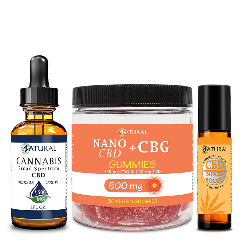 Zatural CBD Stress Bundle of CBD Oil 1500mg, CBG Gummies 600mg, and CBD Mood Boost