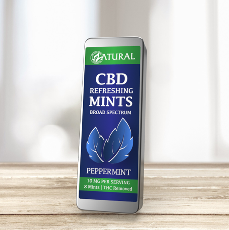 Broad Spectrum Peppermint CBD Mints on a table