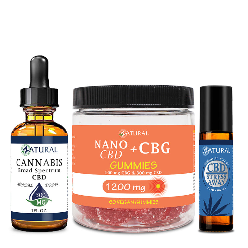 Zatural CBD Stress Bundle of CBD Oil 300mg, CBG Gummies 1200mg, and CBD Stress Away