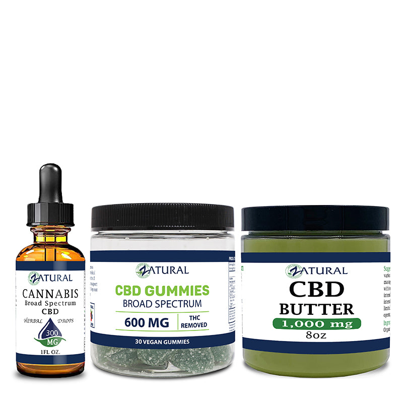 CBD oil 300mg, gummies 30 count, and CBD butter 1000mg