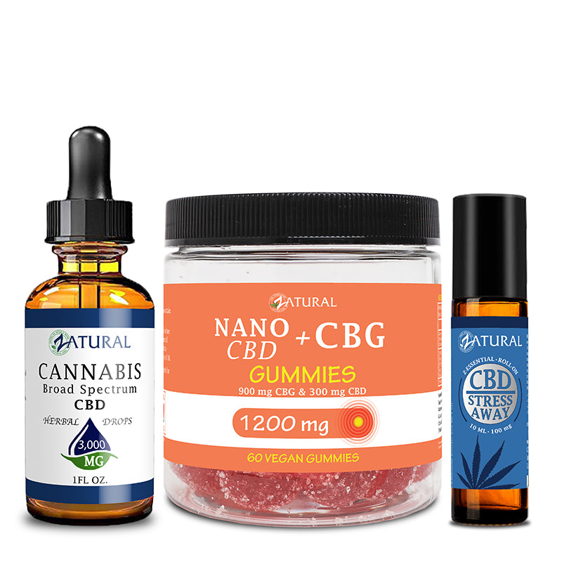 Zatural CBD Stress Bundle of CBD Oil 3000mg, CBG Gummies 1200mg, and CBD Stress Away