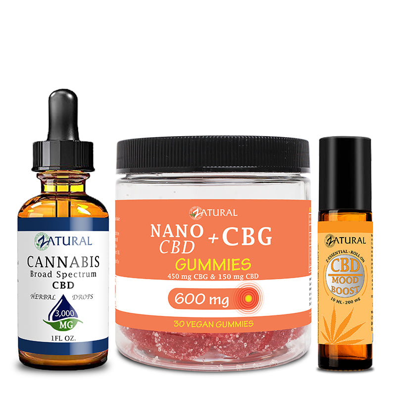 Zatural CBD Stress Bundle of CBD Oil 3000mg, CBG Gummies 600mg, and CBD Mood Boost