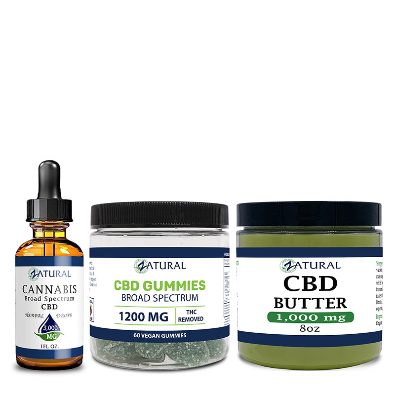 CBD oil 3000mg, gummies 60 count, and CBD butter 1000mg