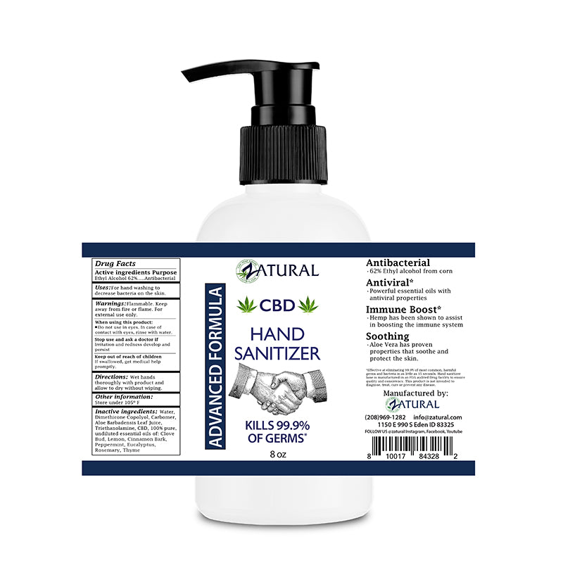Zatural CBD Hand Sanitizer 8oz Label