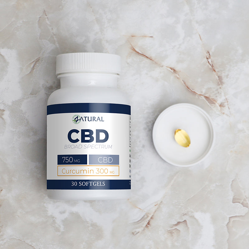 Broad Spectrum CBD Softgels with Curcumin. Curcumin Softgel in the lid