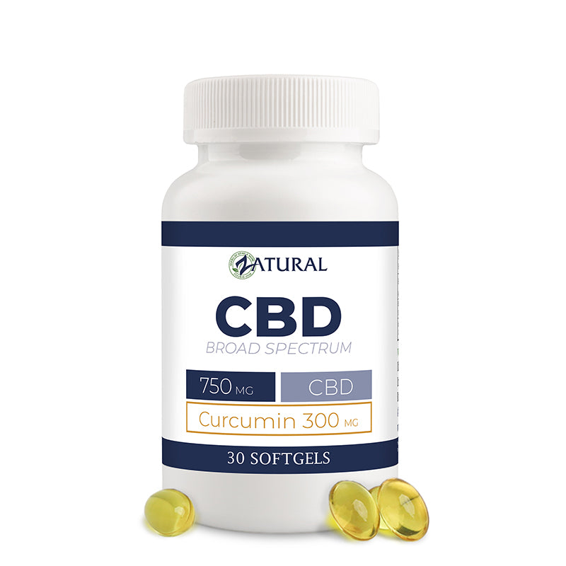 Broad Spectrum CBD Softgels with Curcumin. Softgels outside the bottle