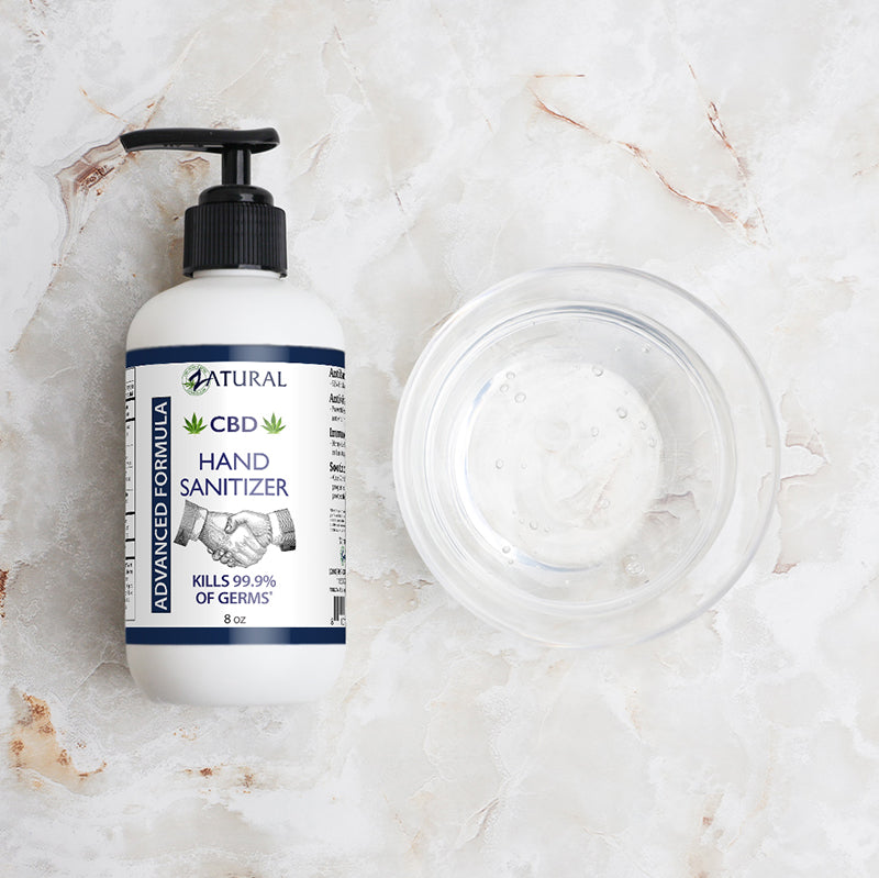Zatural CBD Hand Sanitizer 8oz with Sanitizer in a bowl