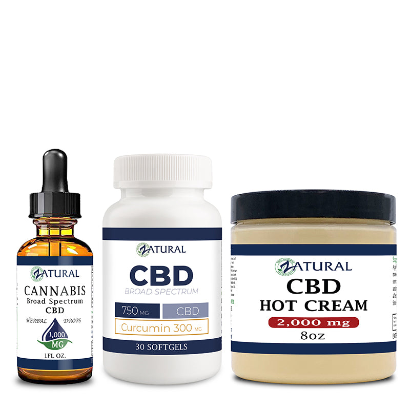 Broad Spectrum CBD Oil 1000mg, Hot Cream 2000mg, and CBD Softgels 300mg