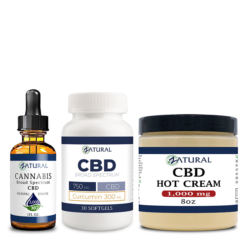 Broad Spectrum CBD Oil 3000mg, Hot Cream 1000mg, and CBD Softgels 300mg