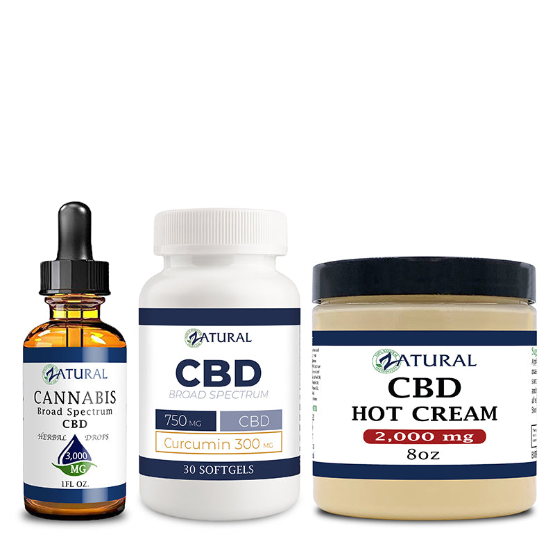 Broad Spectrum CBD Oil 3000mg, Hot Cream 2000mg, and CBD Softgels 300mg