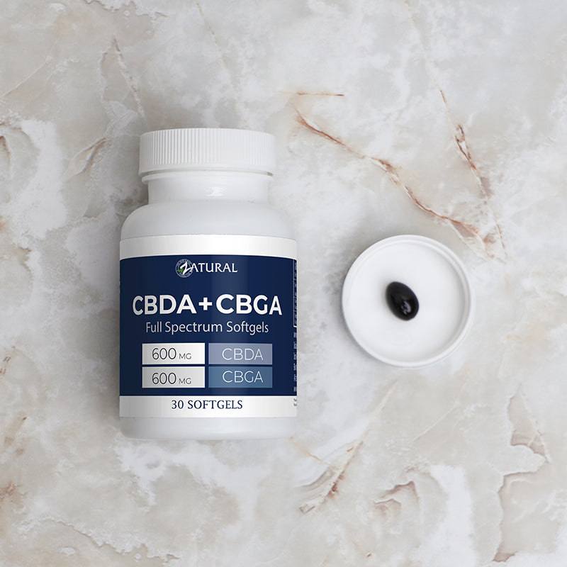 Full Spectrum CBDA+CBGA Softgels with softgel in the lid